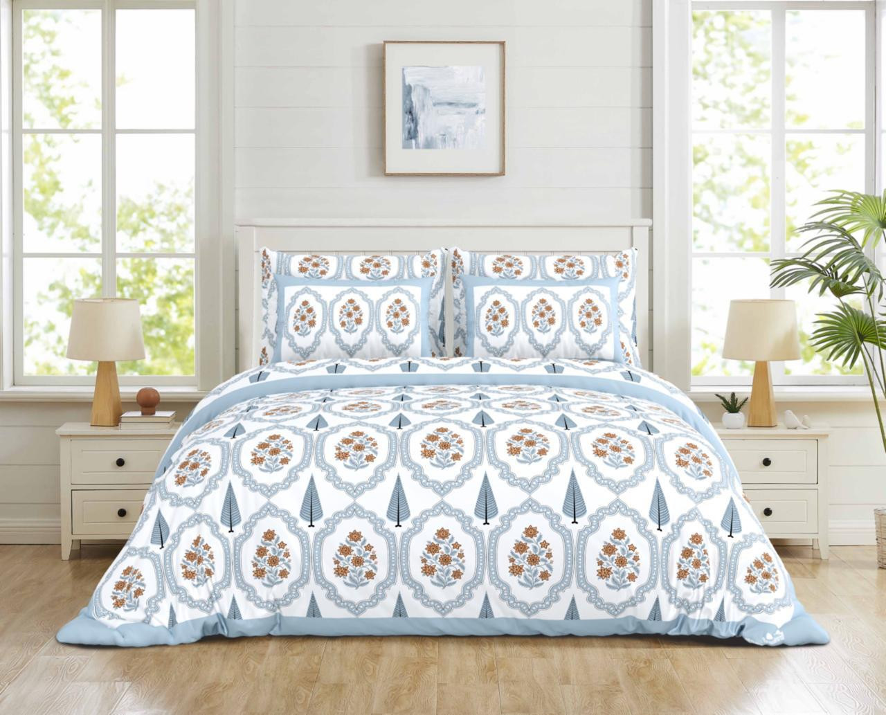 Powder Blue Medallion Floral Print Pure Cotton Double Bedsheet - 100108 Inches
