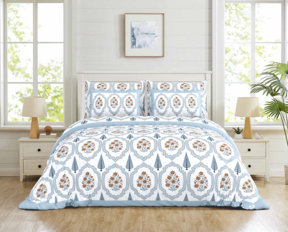 Image of Powder Blue Medallion Floral Print Pure Cotton Double Bedsheet - 100×108 Inches