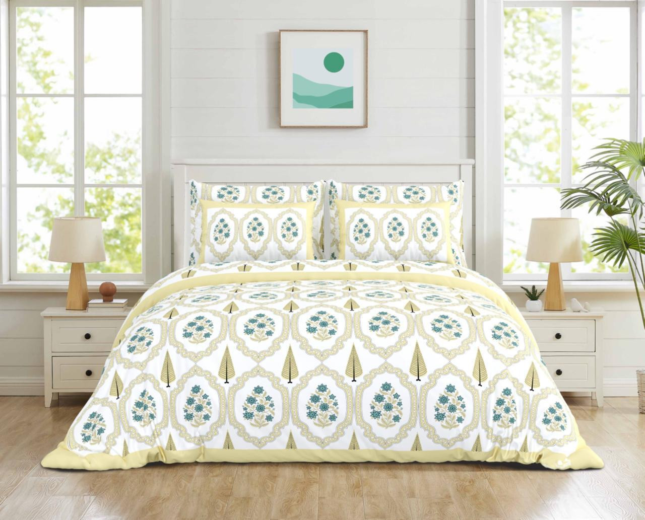 Soft Lemon Medallion Floral Print Pure Cotton Double Bedsheet - 100108 Inches