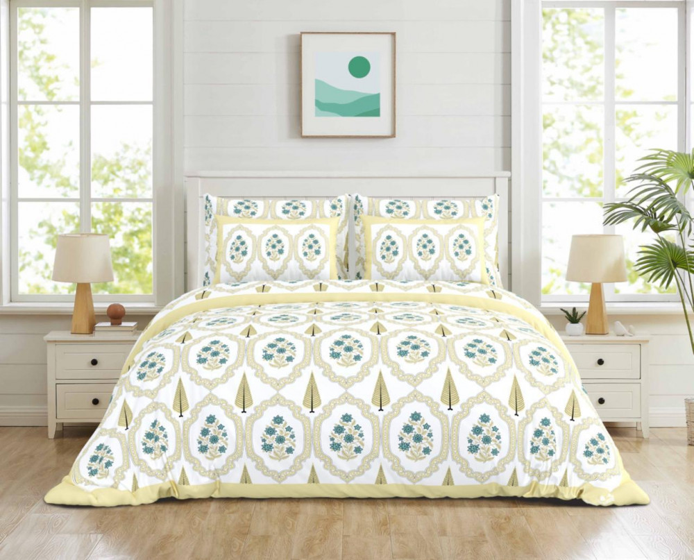 Image of Soft Lemon Medallion Floral Print Pure Cotton Double Bedsheet - 100×108 Inches
