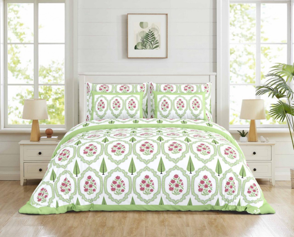 Image of Fresh Mint Green Medallion Floral Print Pure Cotton Double Bedsheet – 100×108 Inches