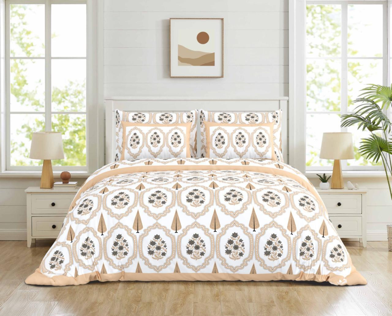 Warm Beige Medallion Floral Print Pure Cotton Double Bedsheet  100108 Inches