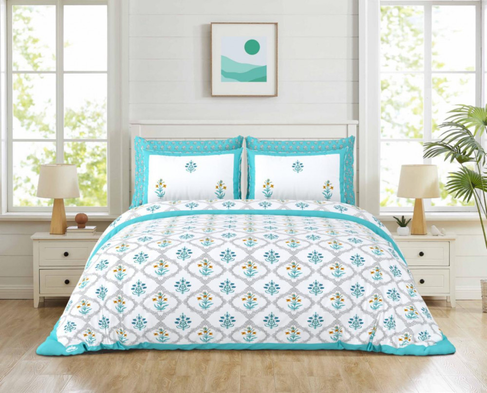 Image of Turquoise &amp; Grey Medallion Floral Print Pure Cotton Double Bedsheet – 100×108 Inches