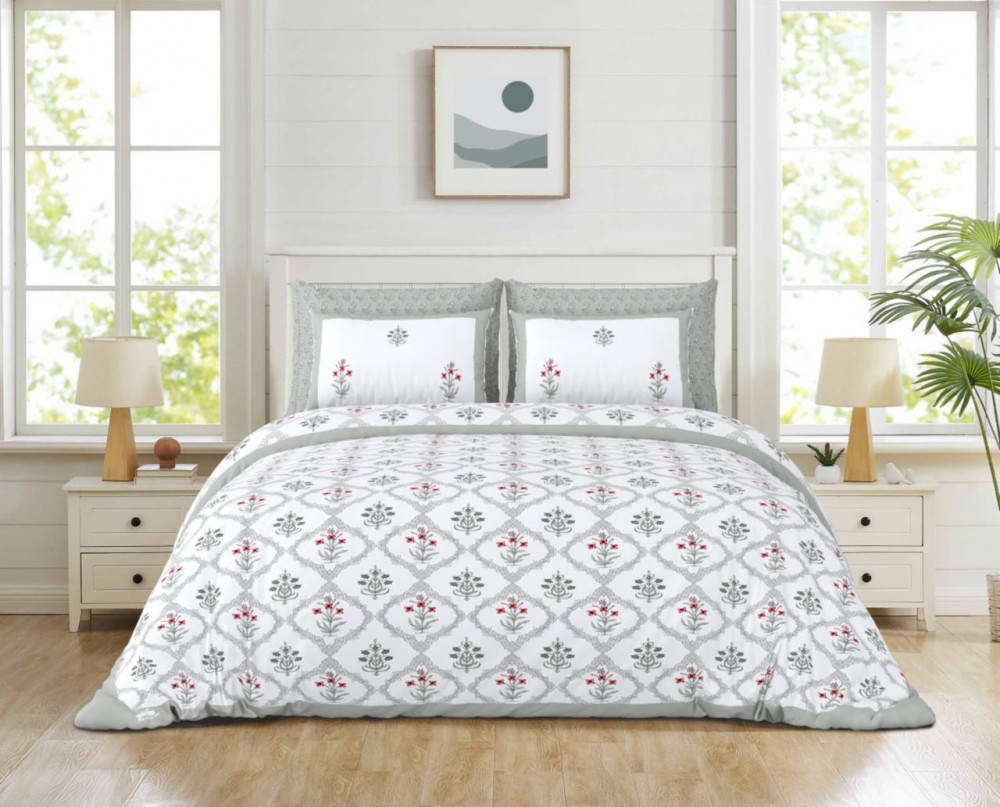 Image of Grey-White Floral Medallion Print Pure Cotton Double Bedsheet – Soft &amp; Elegant Design