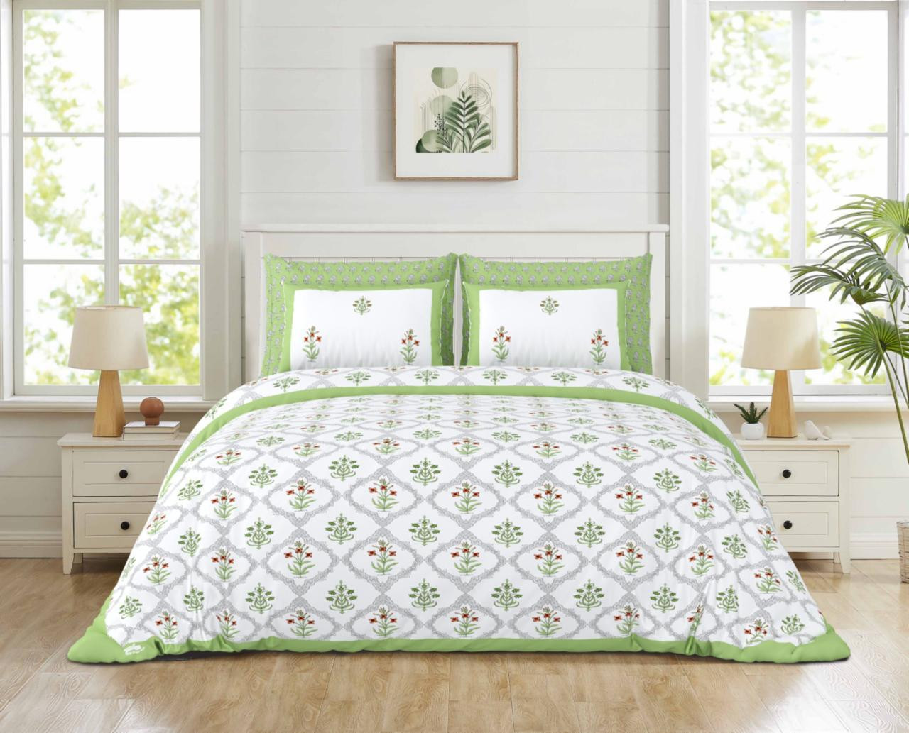Green-Grey Floral Medallion Print Pure Cotton Double Bedsheet  Fresh  Classic Look