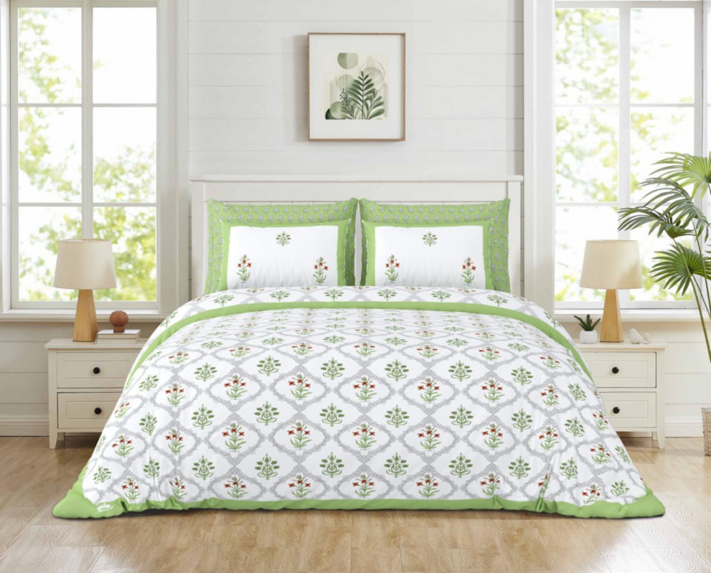 Image of Green-Grey Floral Medallion Print Pure Cotton Double Bedsheet – Fresh &amp; Classic Look