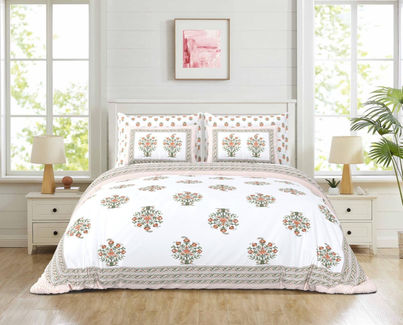 White-Peach Floral Buta Print Pure Cotton Double Bedsheet  Soft  Elegant Design