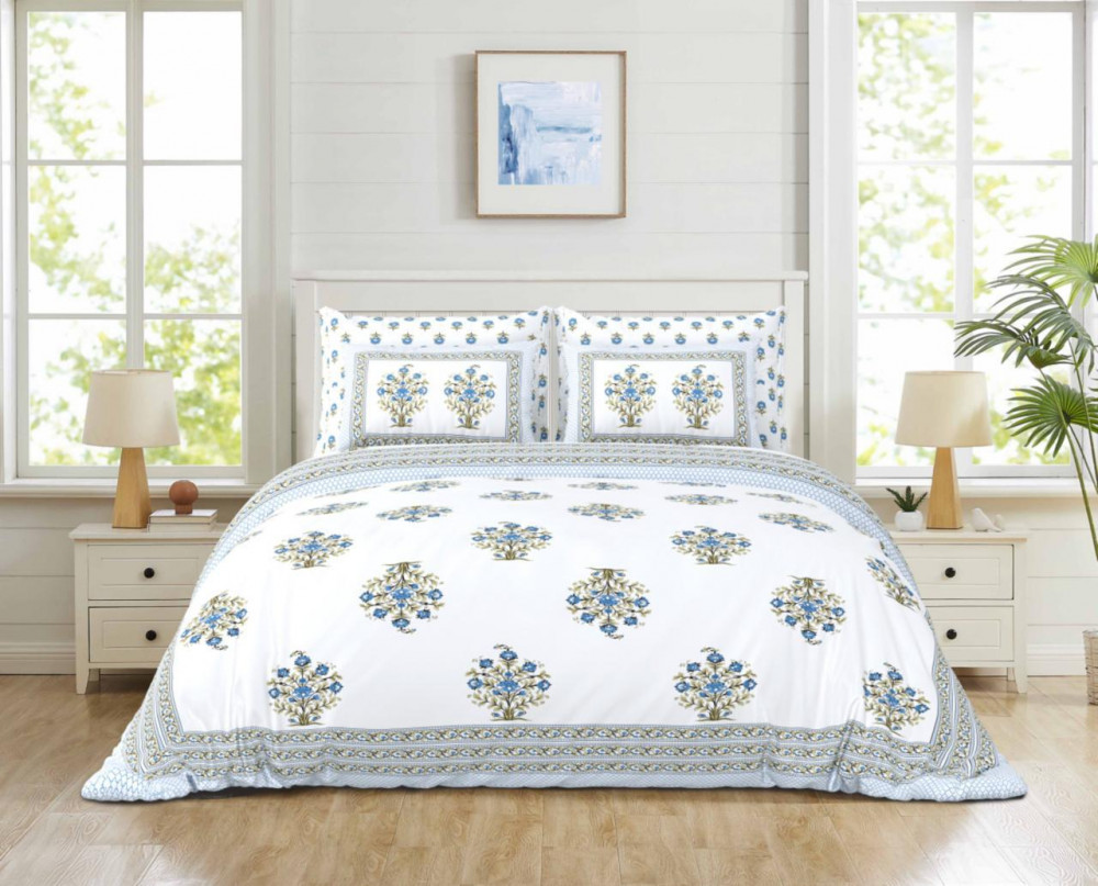 Image of White-Blue Floral Buta Print Pure Cotton Double Bedsheet – Cool &amp; Elegant Look