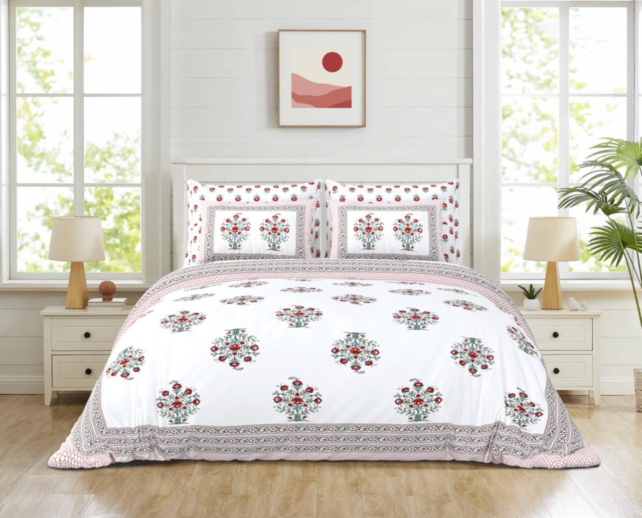 White-Red Floral Buta Print Pure Cotton Double Bedsheet  Classic  Vibrant Design