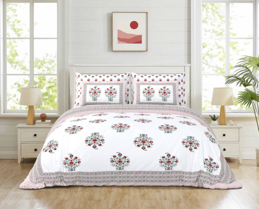 Image of White-Red Floral Buta Print Pure Cotton Double Bedsheet – Classic &amp; Vibrant Design