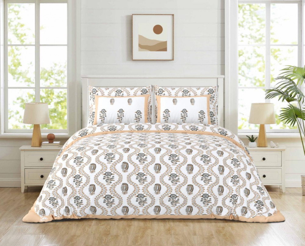 Image of White-Beige Paisley Floral Print Pure Cotton Double Bedsheet – Subtle &amp; Sophisticated Elegance
