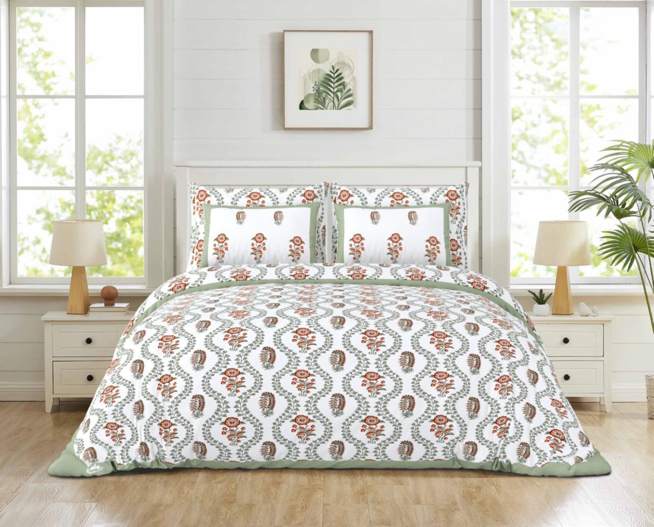 White-Green Rust Paisley Floral Print Pure Cotton Double Bedsheet  Earthy  Elegant Style