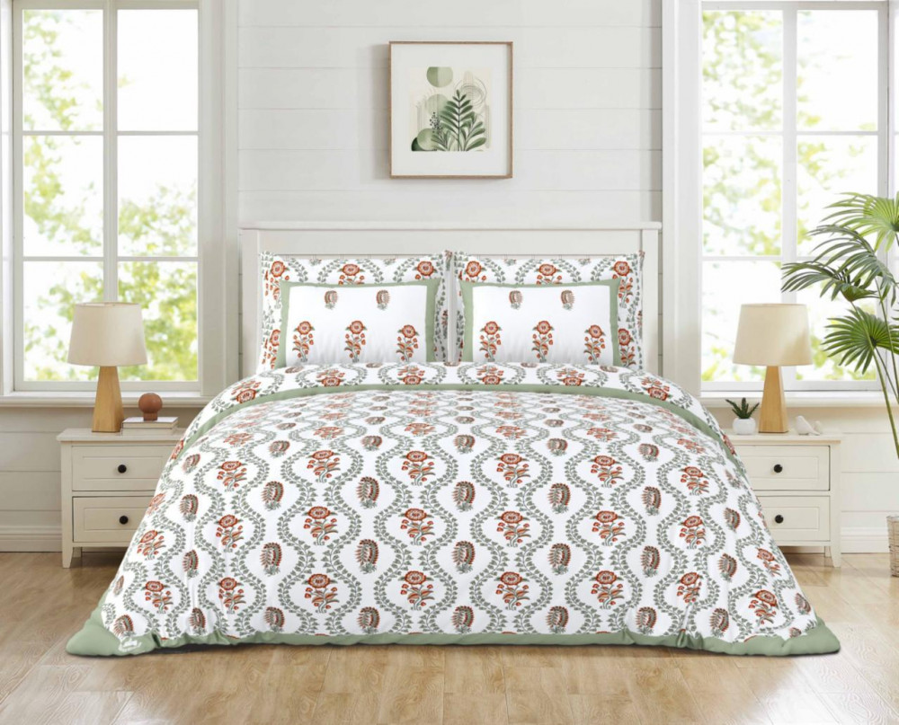 Image of White-Green Rust Paisley Floral Print Pure Cotton Double Bedsheet – Earthy &amp; Elegant Style