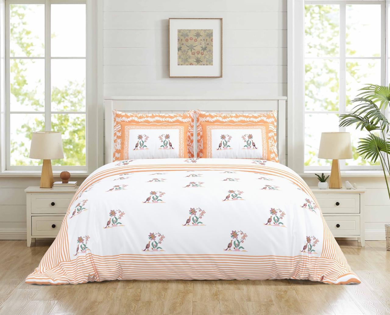 Soft Peach Peacock Motif Pure Cotton Double Bedsheet - 100108 Inches