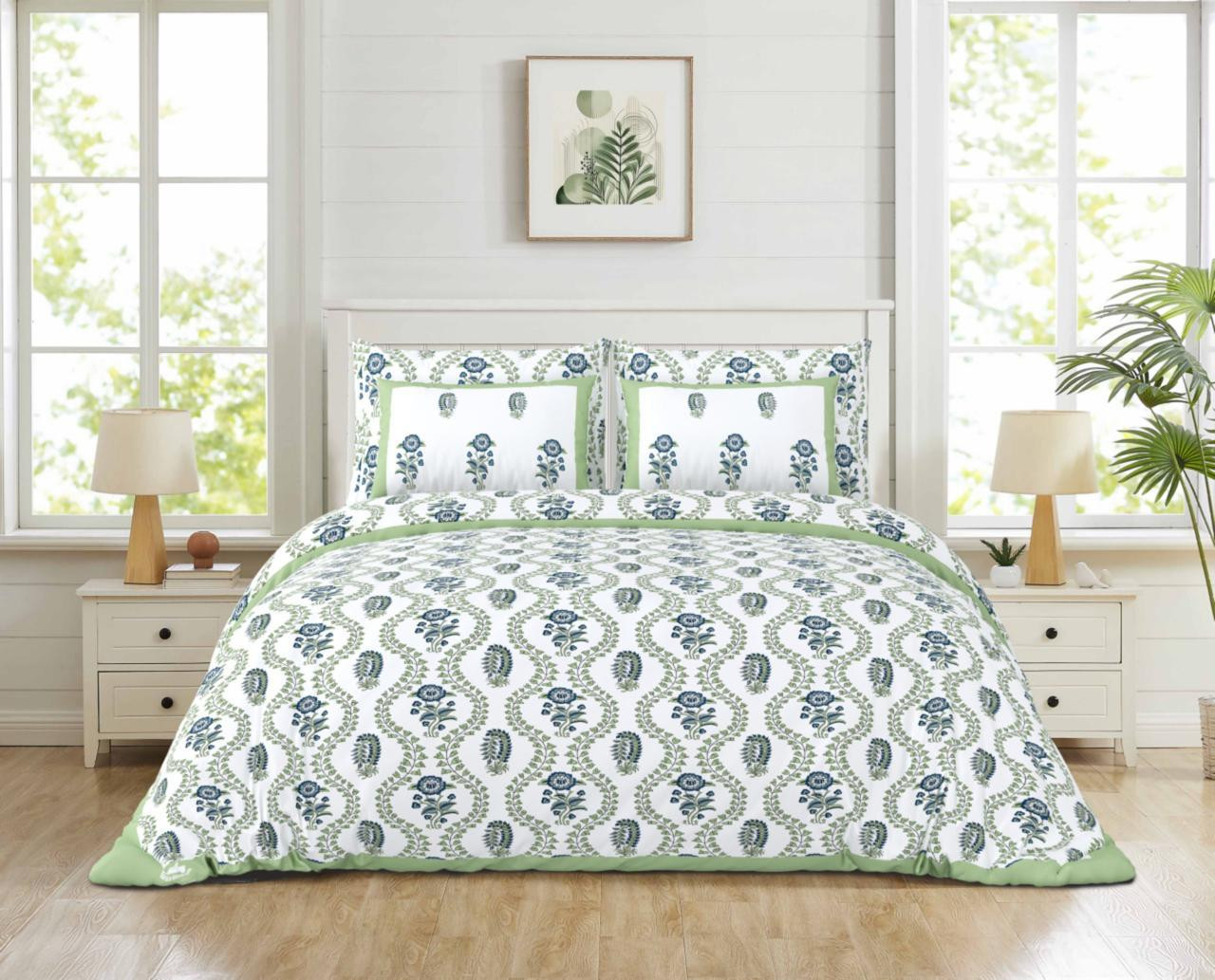 White-Green Blue Paisley Floral Print Pure Cotton Double Bedsheet  Fresh  Timeless Elegance