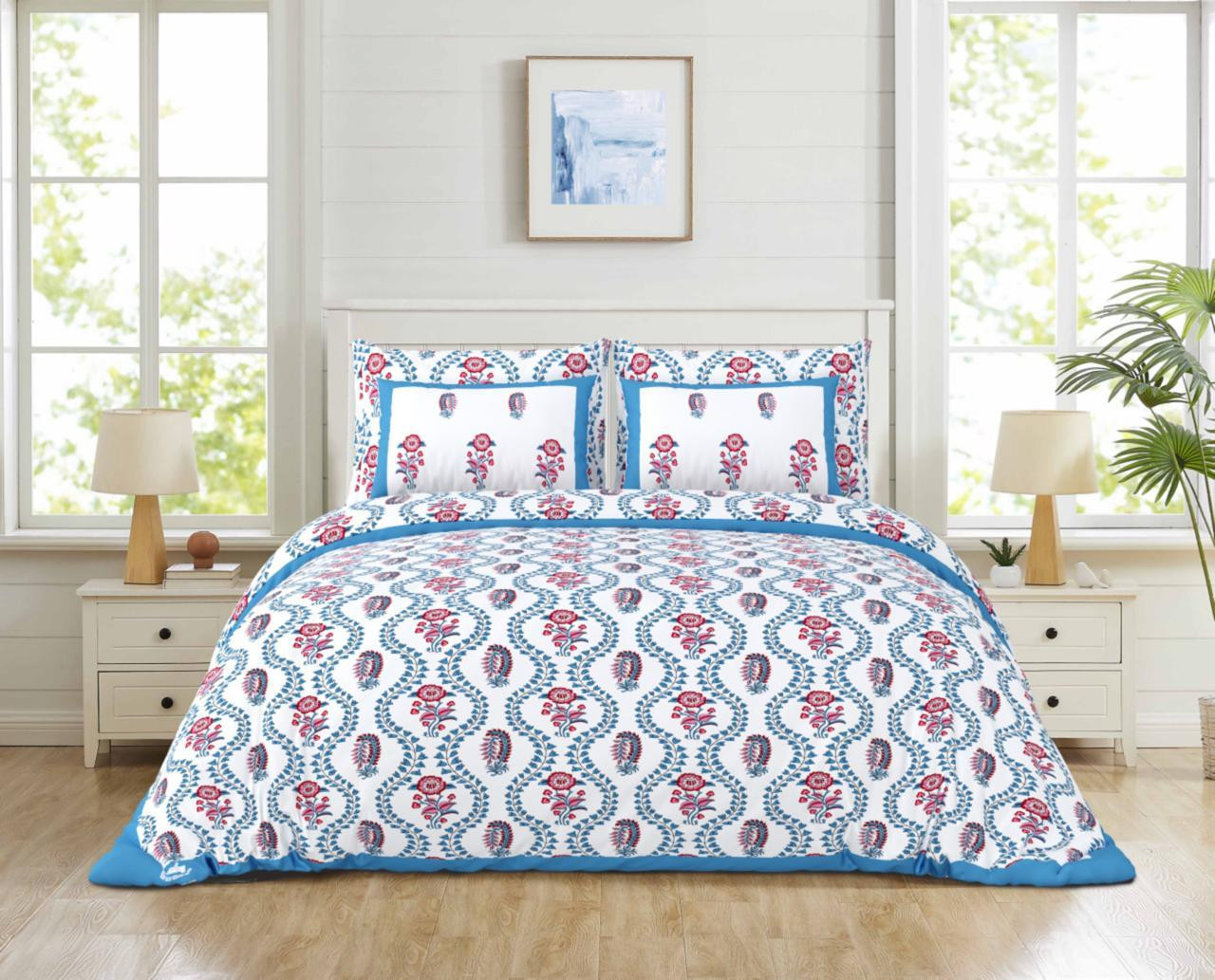 White-Blue Red Paisley Floral Print Pure Cotton Double Bedsheet  Bold  Elegant Appeal