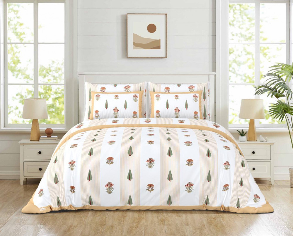 Image of White-Beige Tree &amp; Floral Stripe Print Pure Cotton Double Bedsheet – Minimal &amp; Contemporary Charm