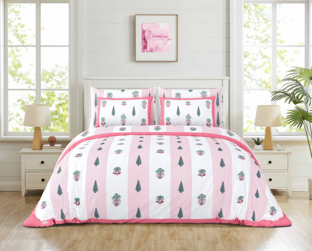 Image of White-Pink Tree &amp; Floral Stripe Print Pure Cotton Double Bedsheet – Soft &amp; Modern Elegance
