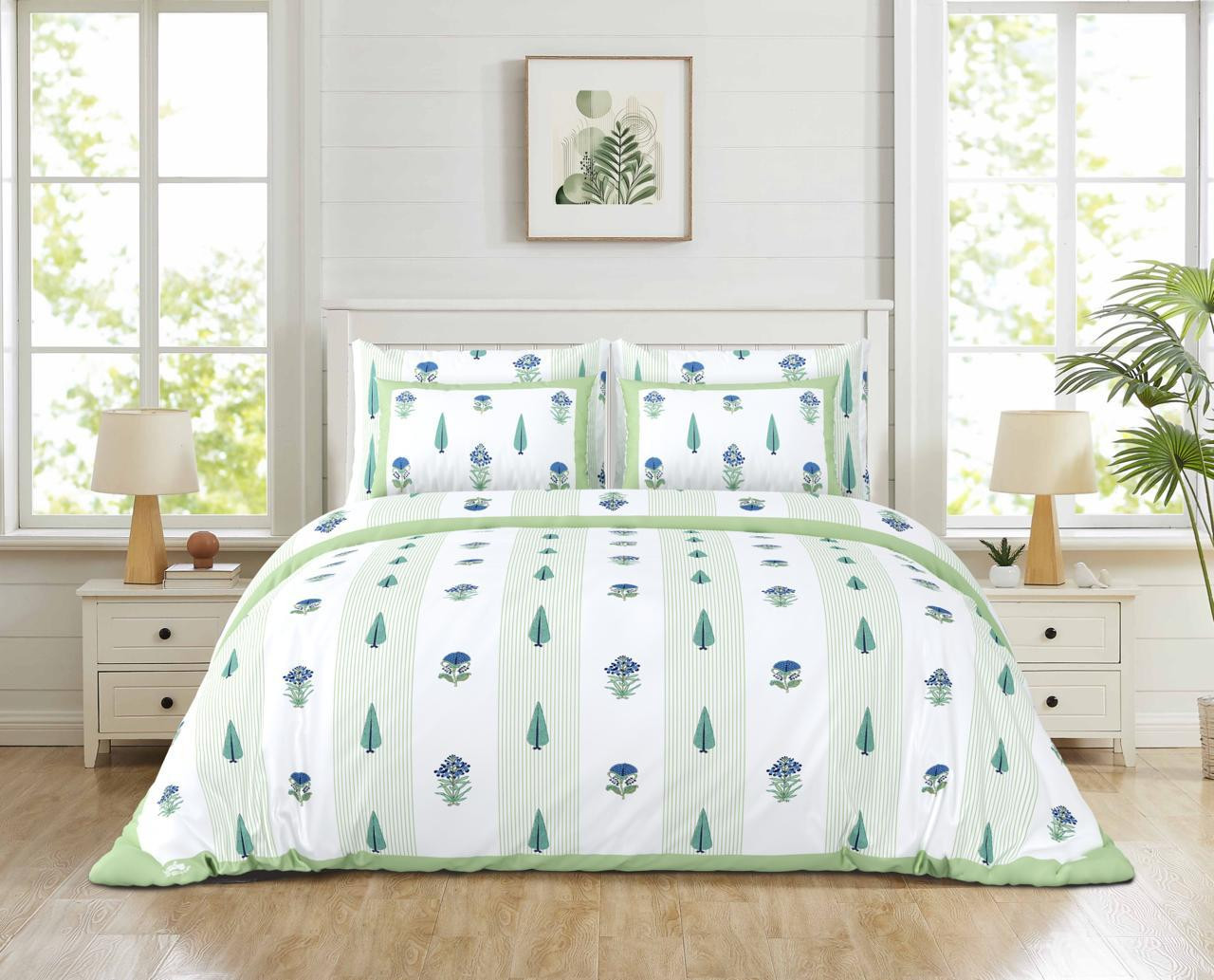 White-Green Blue Tree  Floral Stripe Print Pure Cotton Double Bedsheet  Fresh Nature-Inspired Look