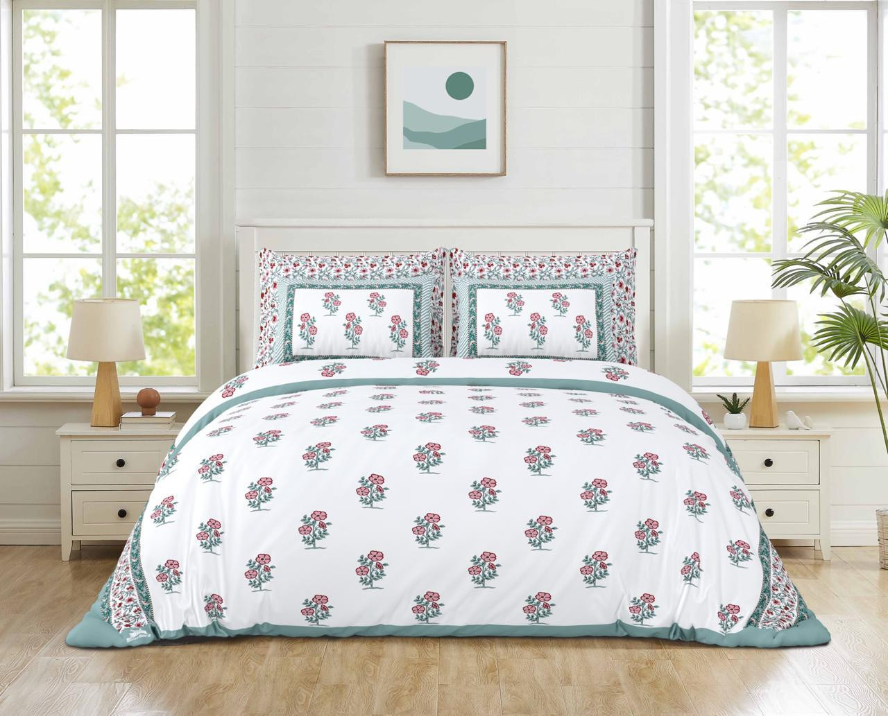 White-Green Floral Booti Print Pure Cotton Double Bedsheet  Fresh  Elegant Design