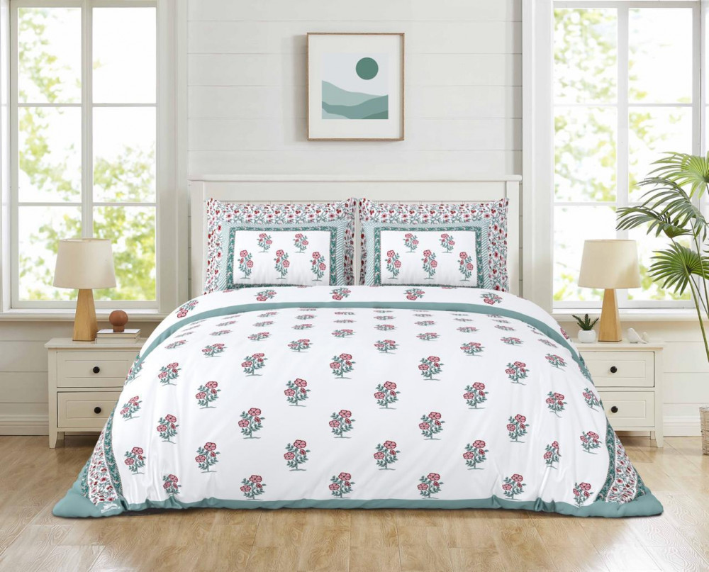 Image of White-Green Floral Booti Print Pure Cotton Double Bedsheet – Fresh &amp; Elegant Design