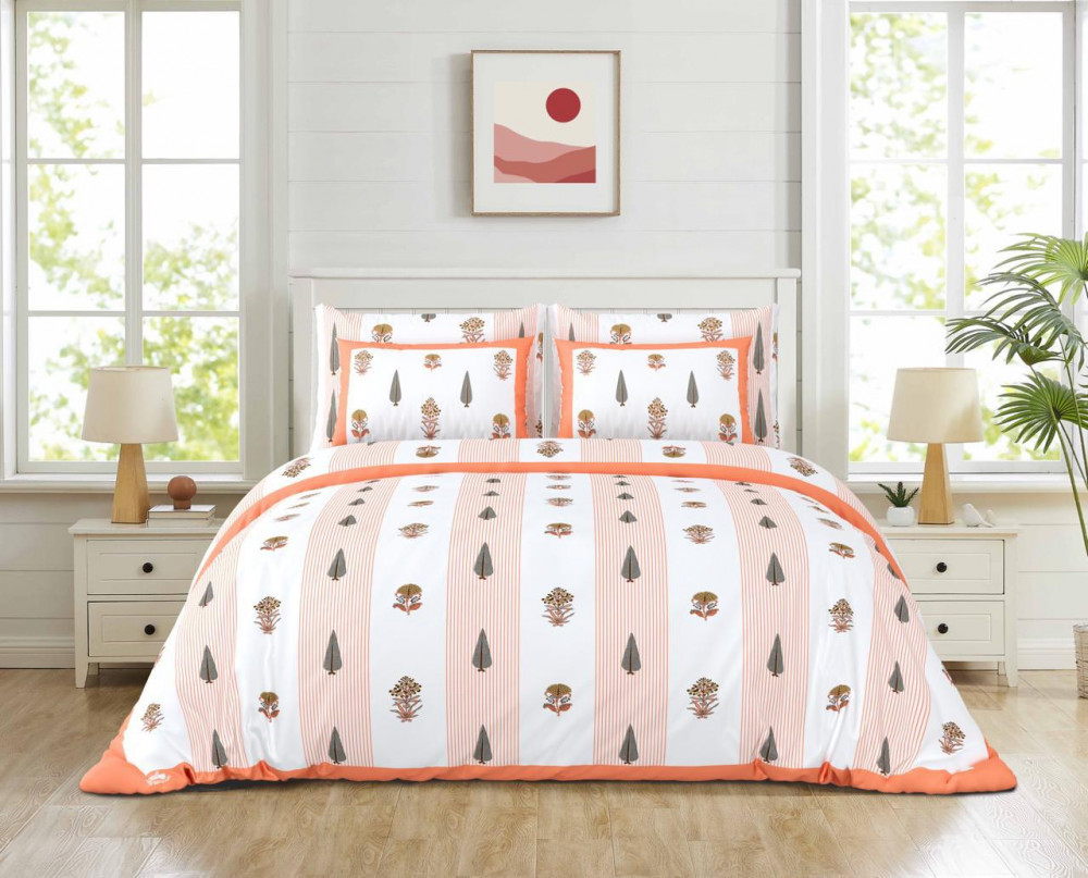 Image of White-Orange Tree &amp; Floral Stripe Print Pure Cotton Double Bedsheet – Warm &amp; Contemporary Style