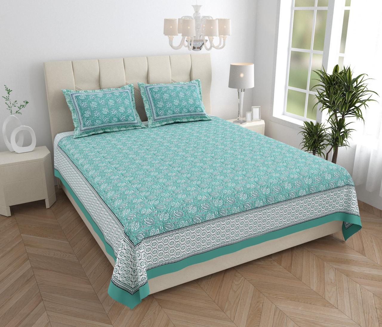 Teal Green Block Print Cotton Double Bedsheet with 2 Pillow Covers
