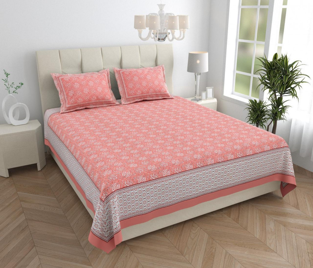 Image of Blush Pink Block Print Cotton Double Bedsheet with 2 Pillow Covers