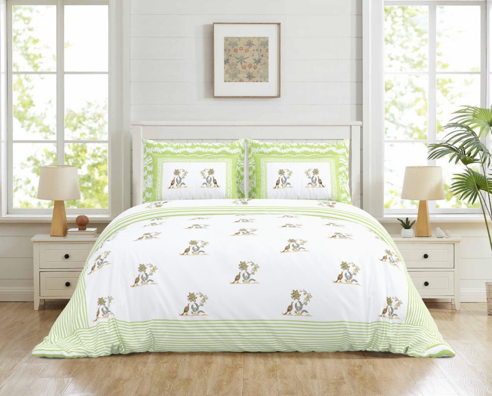 Image of Fresh Lime Peacock Motif Pure Cotton Double Bedsheet - 100×108 Inches