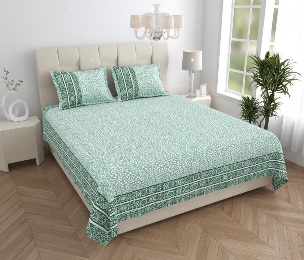 Image of Sage Green Block Print Cotton Double Bedsheet with 2 Pillow Covers