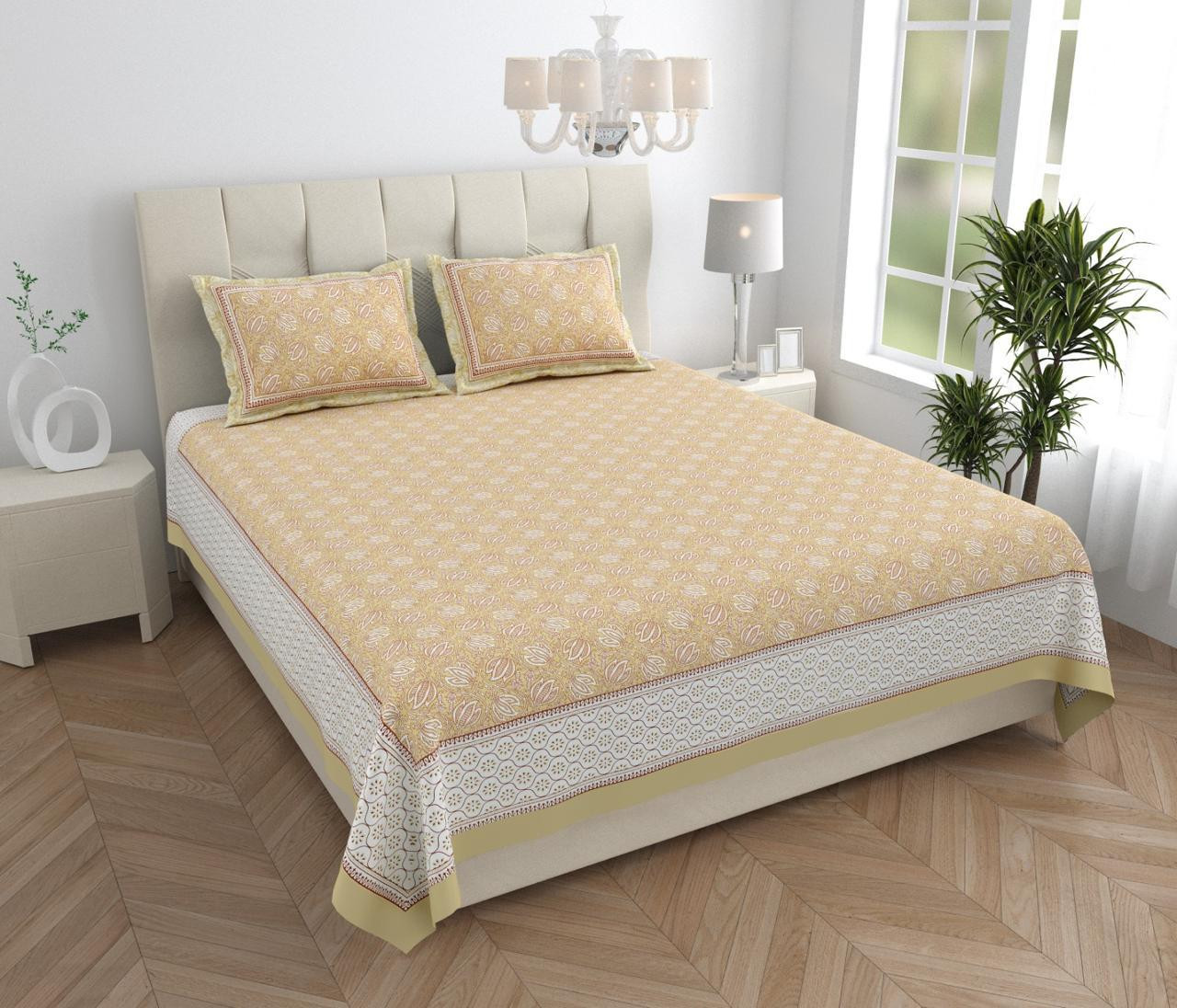 Soft Mustard Block Print Cotton Double Bedsheet with 2 Pillow Covers