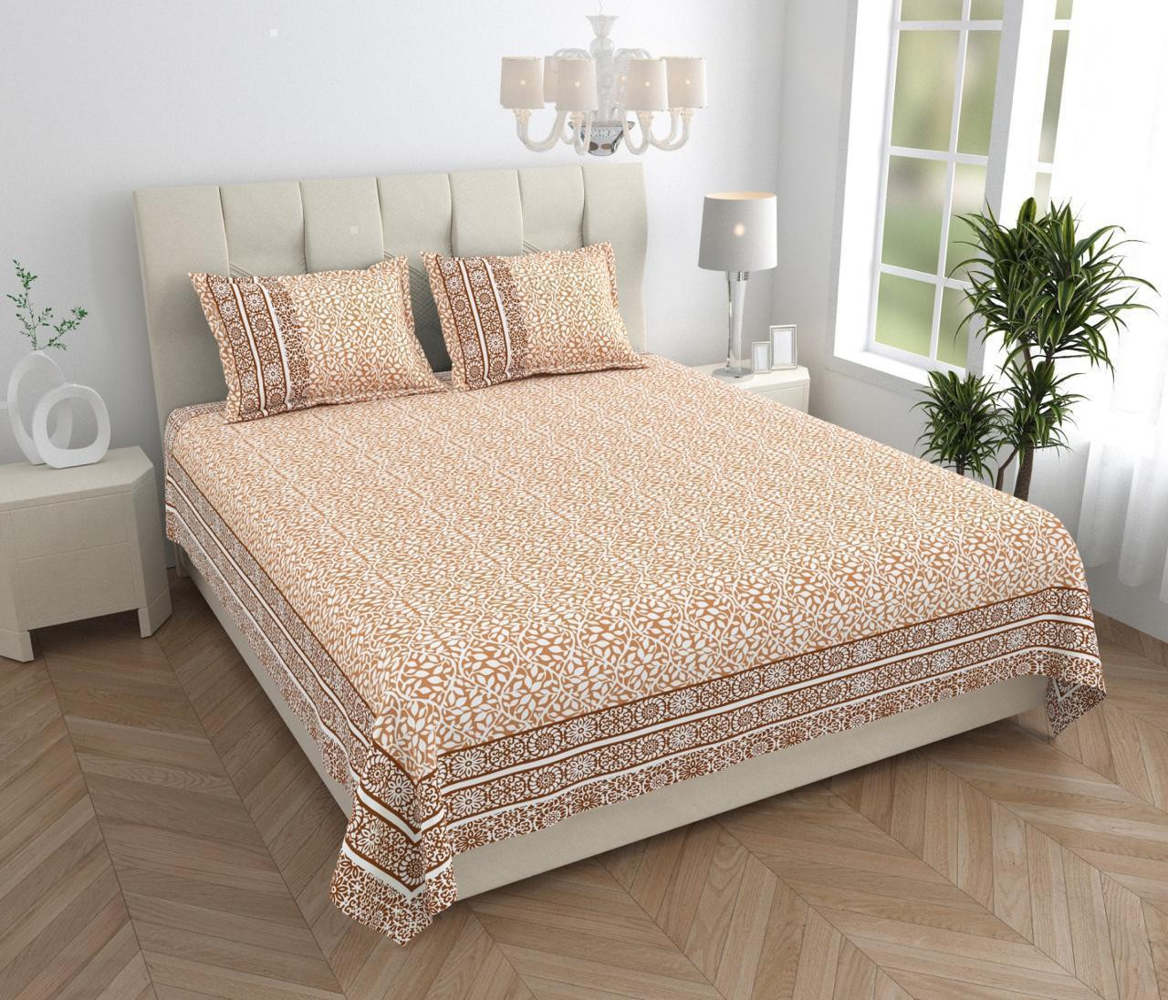 Sand Beige Block Print Cotton Double Bedsheet with 2 Pillow Covers