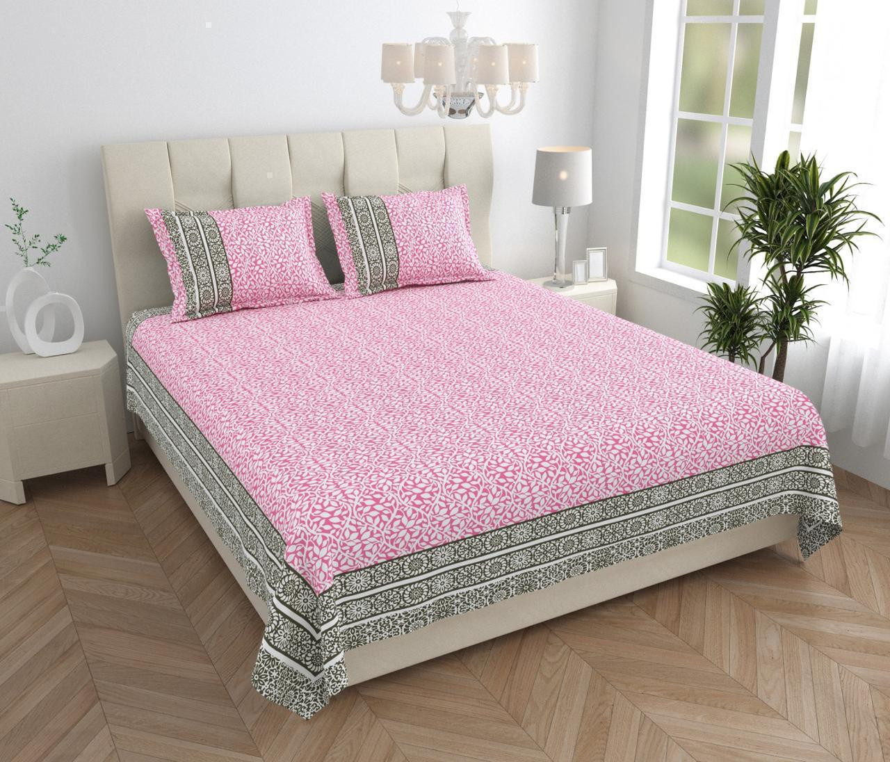 Blush Pink Block Print Cotton Double Bedsheet with 2 Pillow Covers