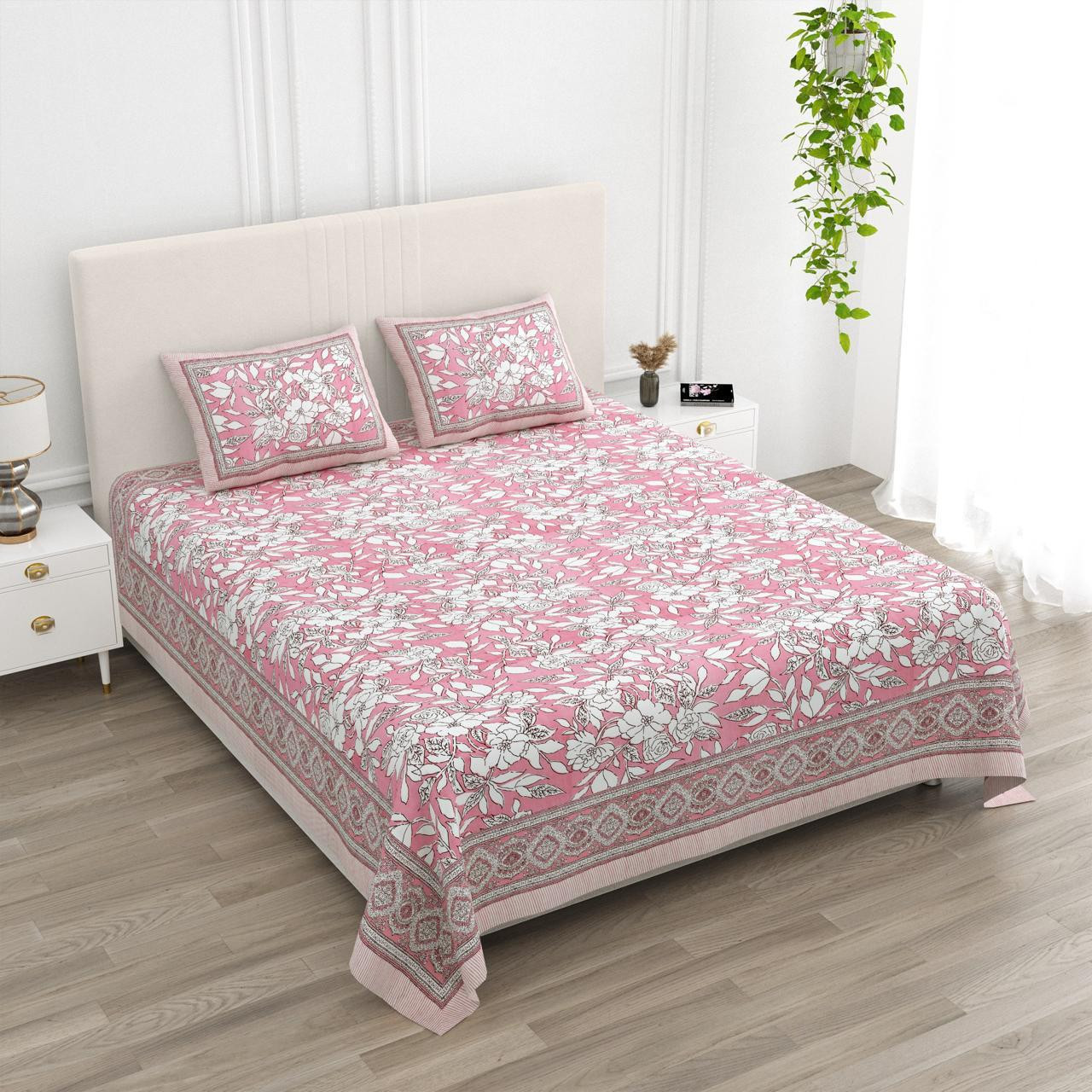 Pink Floral Print Pure Cotton Double Bedsheet with Pillow Covers