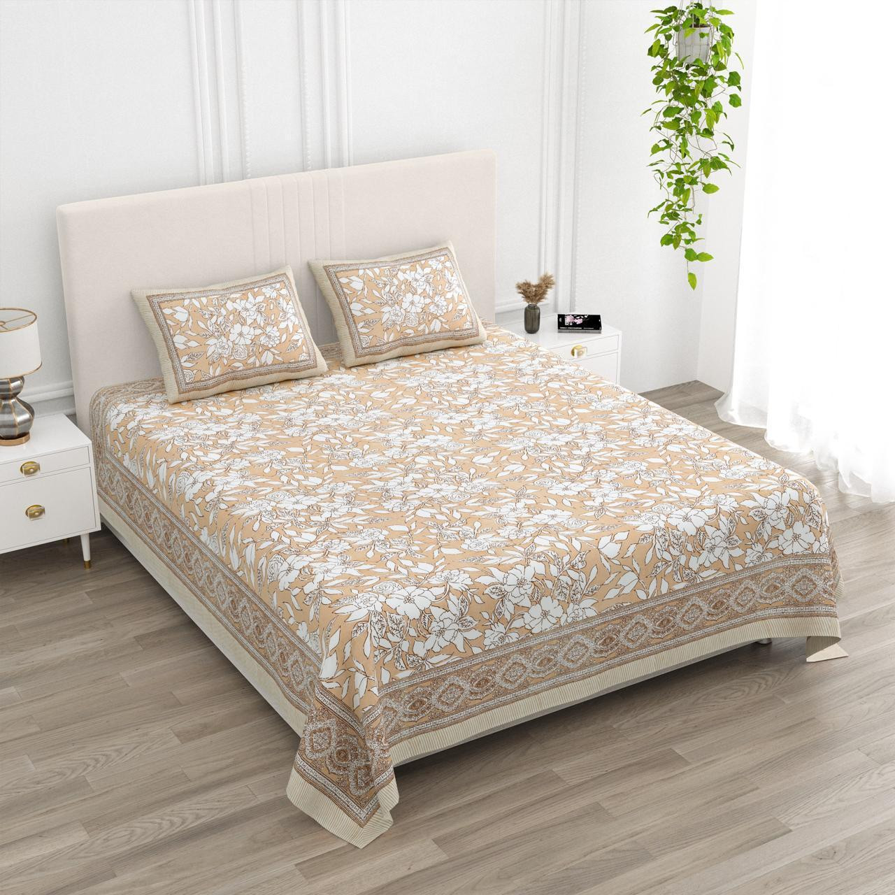 Beige Floral Print Pure Cotton Double Bedsheet with Pillow Covers