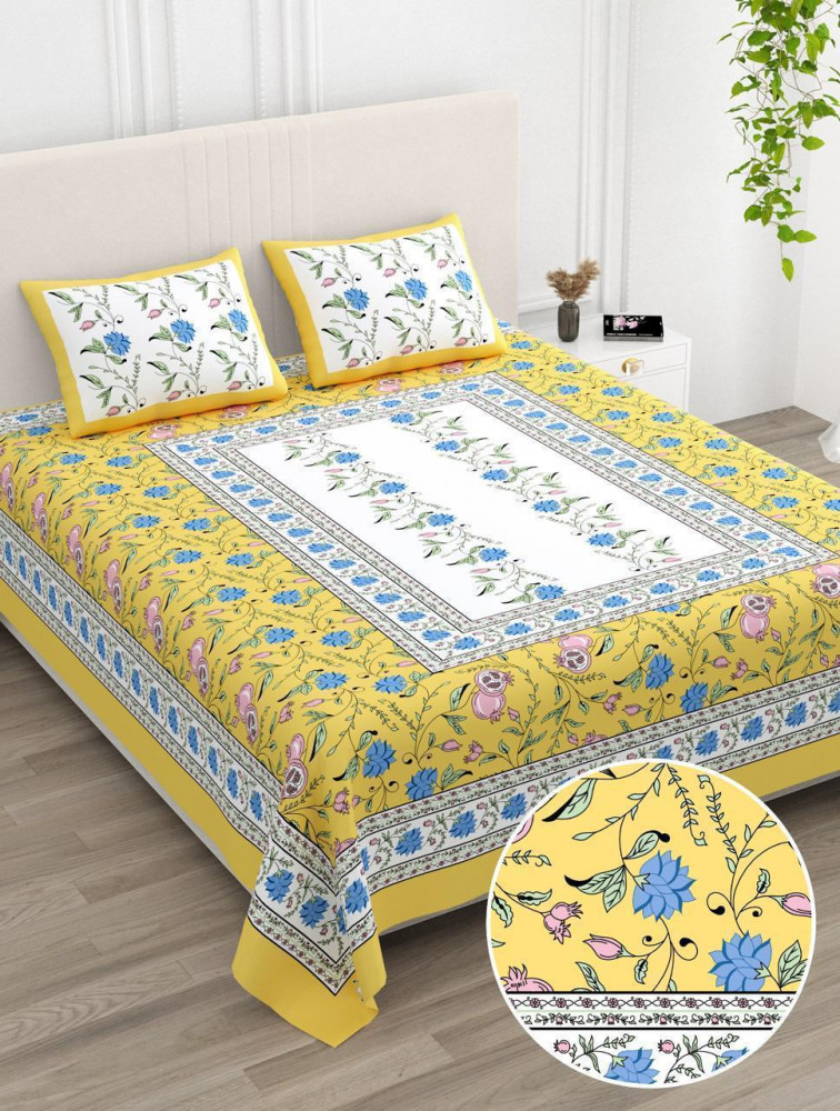 Image of Yellow Floral Print Pure Cotton Double Bedsheet with Pillow Covers