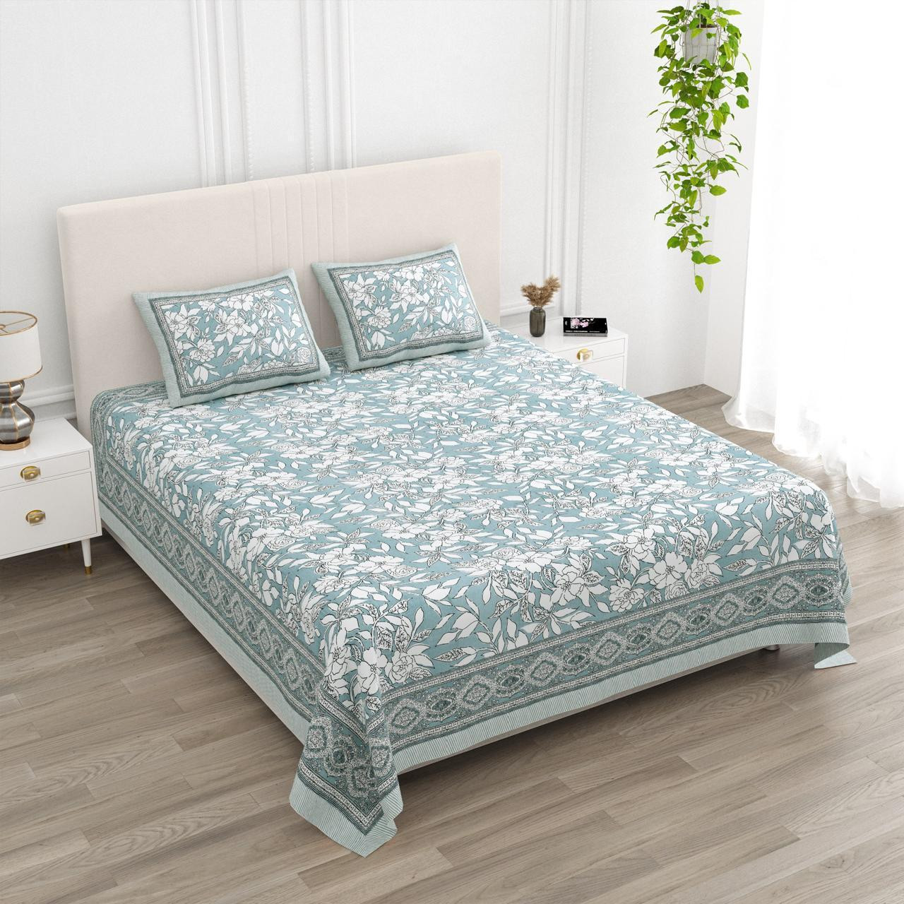 Sea Green Floral Print Pure Cotton Double Bedsheet with Pillow Covers