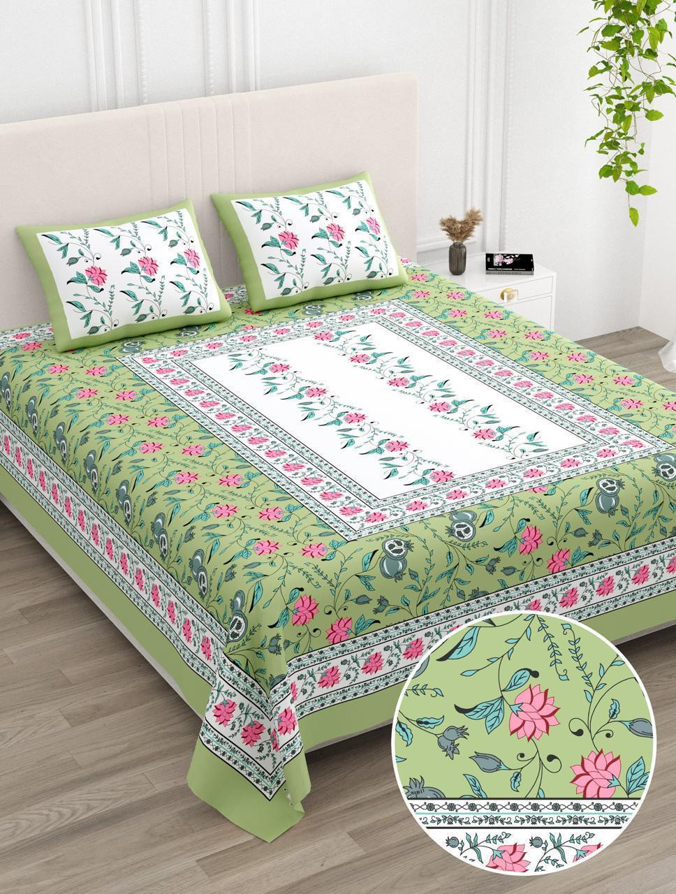 Green Floral Print Pure Cotton Double Bedsheet with Pillow Covers