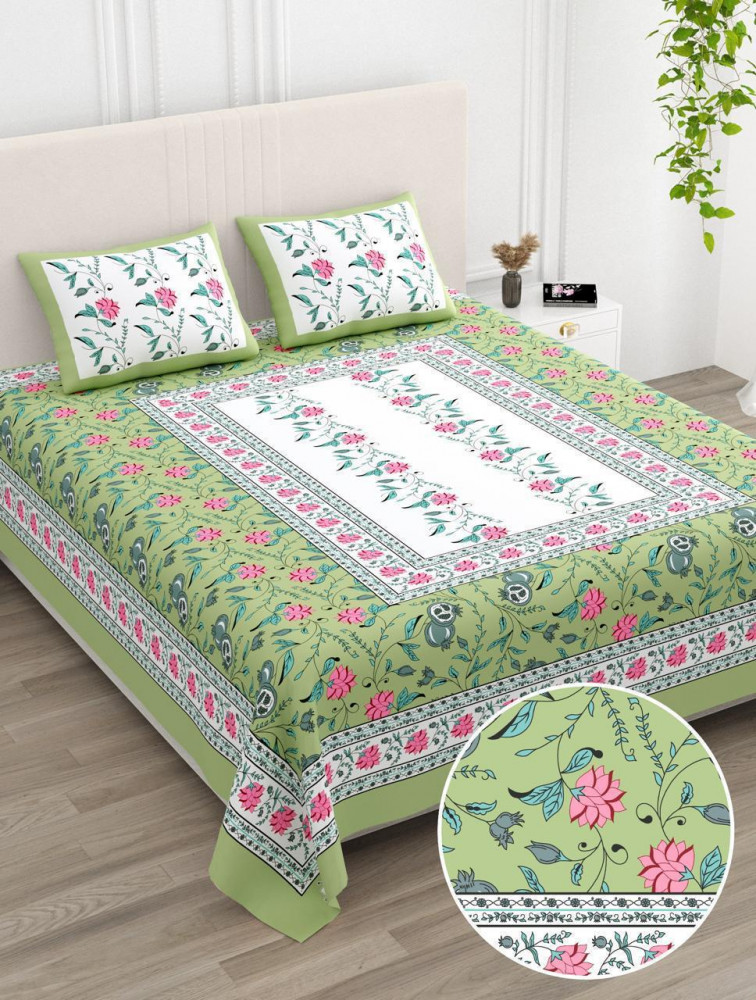 Image of Green Floral Print Pure Cotton Double Bedsheet with Pillow Covers