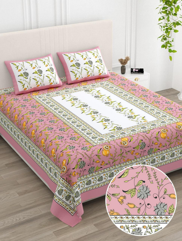 Image of Pink Floral Print Pure Cotton Double Bedsheet with Pillow Covers