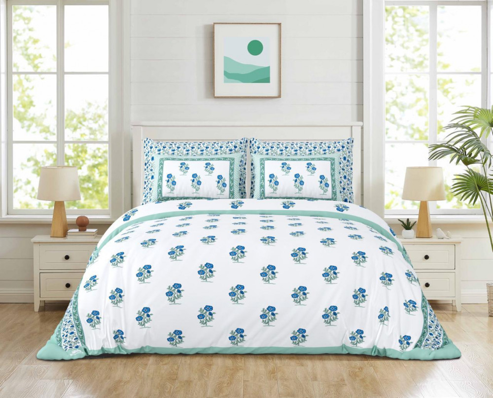 Image of White-Blue Floral Booti Print Pure Cotton Double Bedsheet – Elegant &amp; Refreshing Design