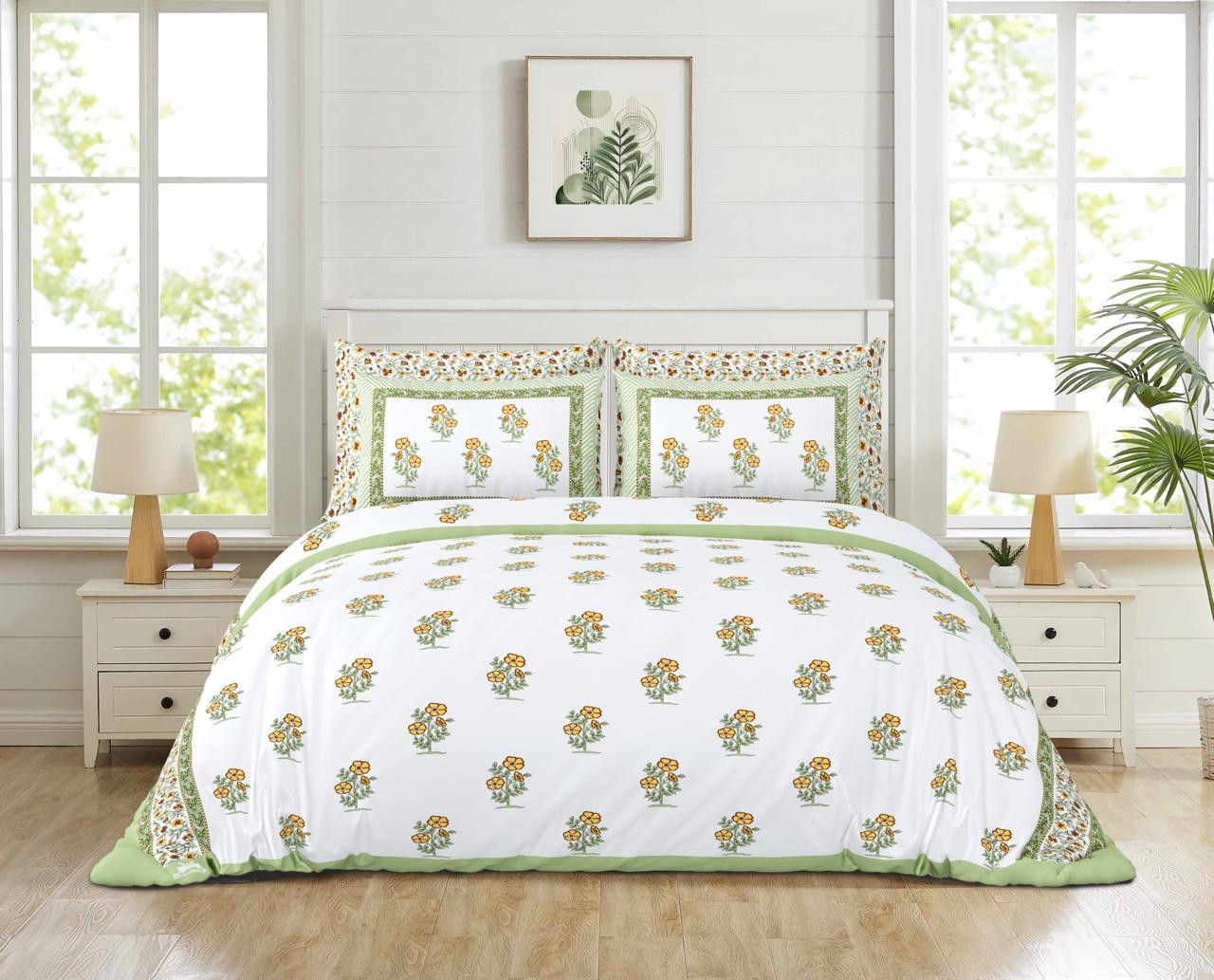 White-Green Yellow Floral Booti Print Pure Cotton Double Bedsheet  Fresh  Cheerful Elegance