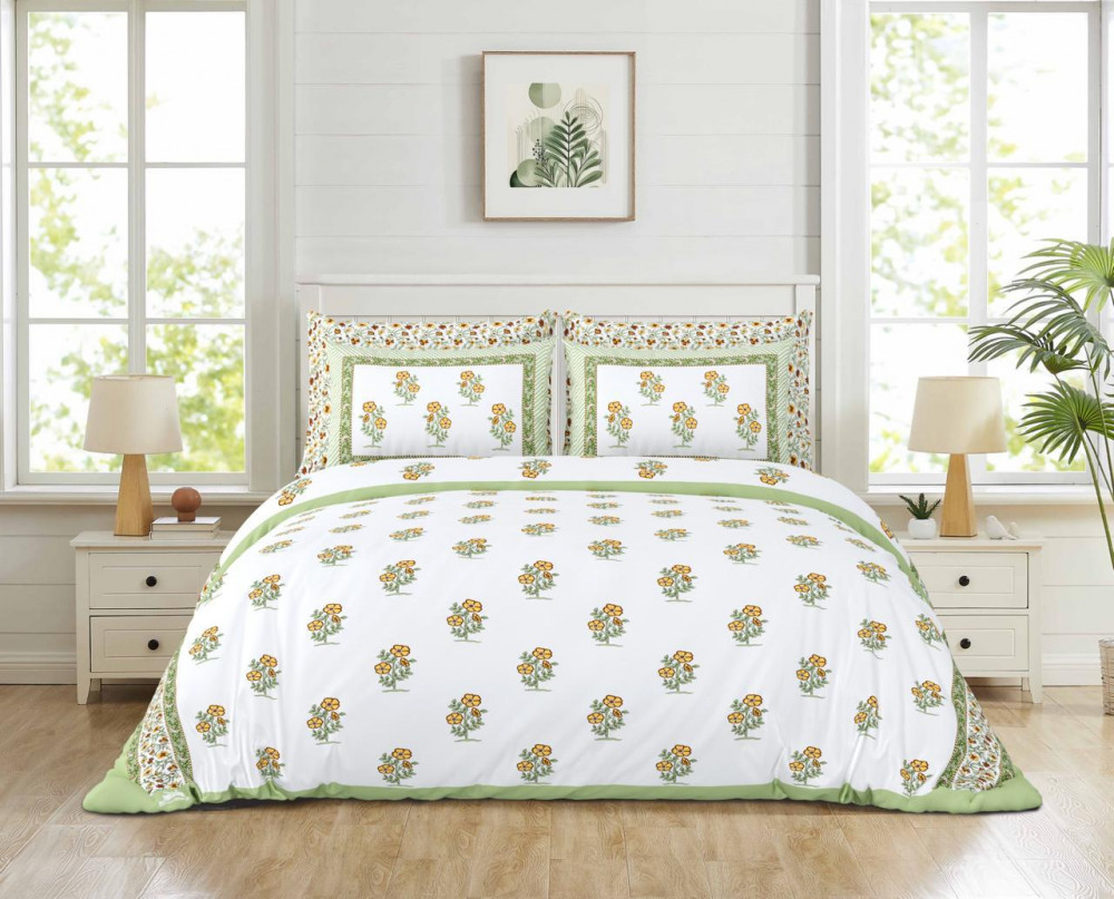 Image of White-Green Yellow Floral Booti Print Pure Cotton Double Bedsheet – Fresh &amp; Cheerful Elegance