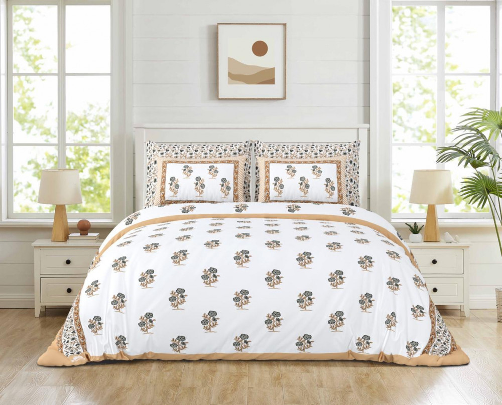 Image of White-Beige Floral Booti Print Pure Cotton Double Bedsheet – Subtle &amp; Timeless Elegance