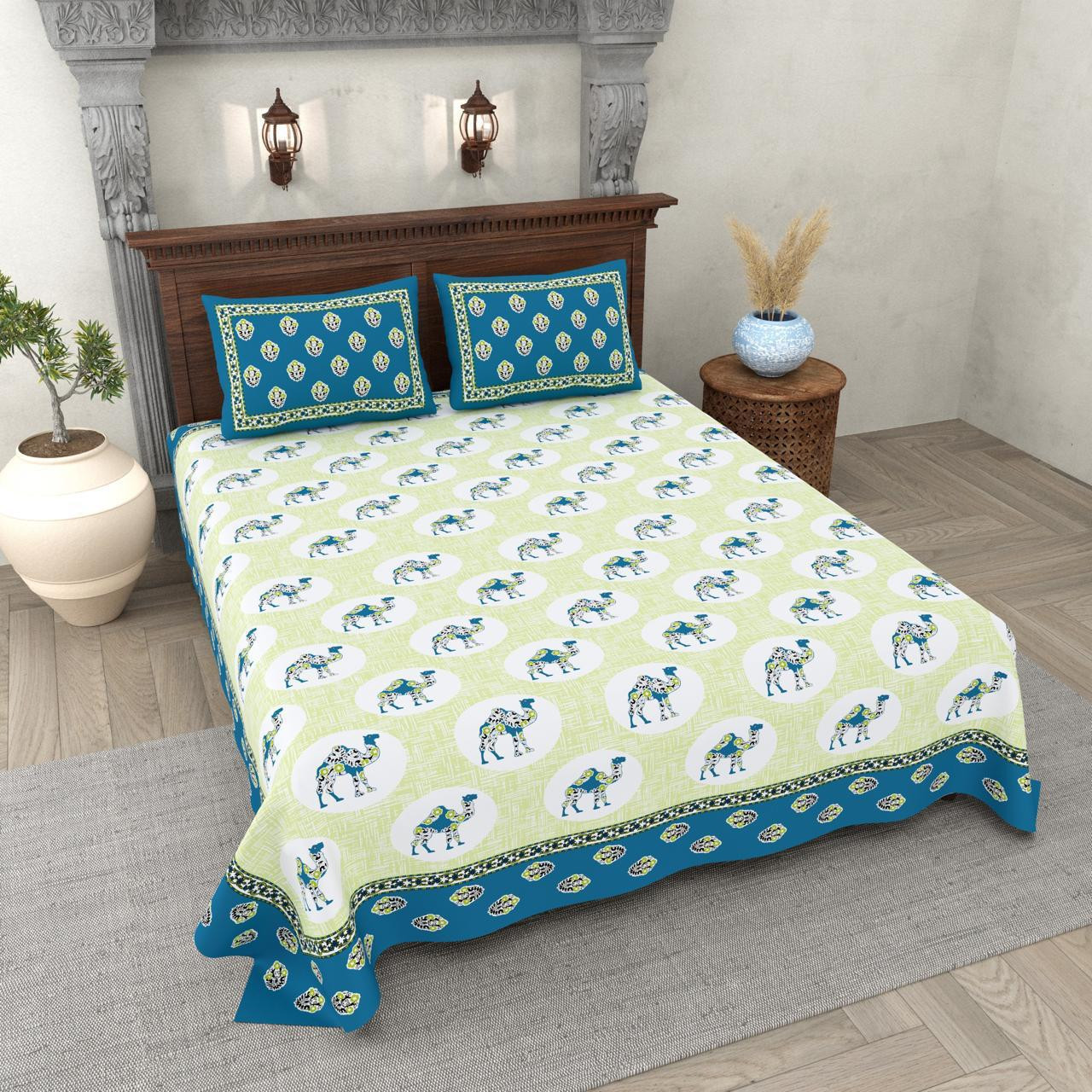 Lime Green Camel Print Cotton Double Bedsheet with Teal Border  2 Pillow Covers