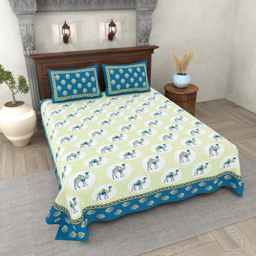 Image of Lime Green Camel Print Cotton Double Bedsheet with Teal Border &amp; 2 Pillow Covers