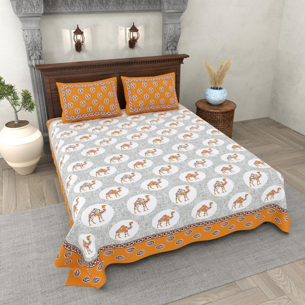Image of Camel Print Cotton Double Bedsheet Grey Mustard Border with 2 Pillow Covers