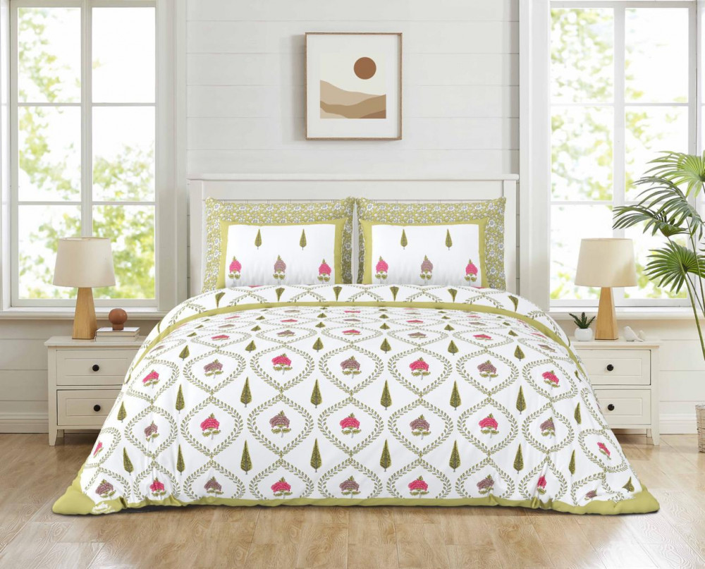 Image of White-Green Pink Floral Jaali Print Pure Cotton Double Bedsheet – Elegant Traditional Charm