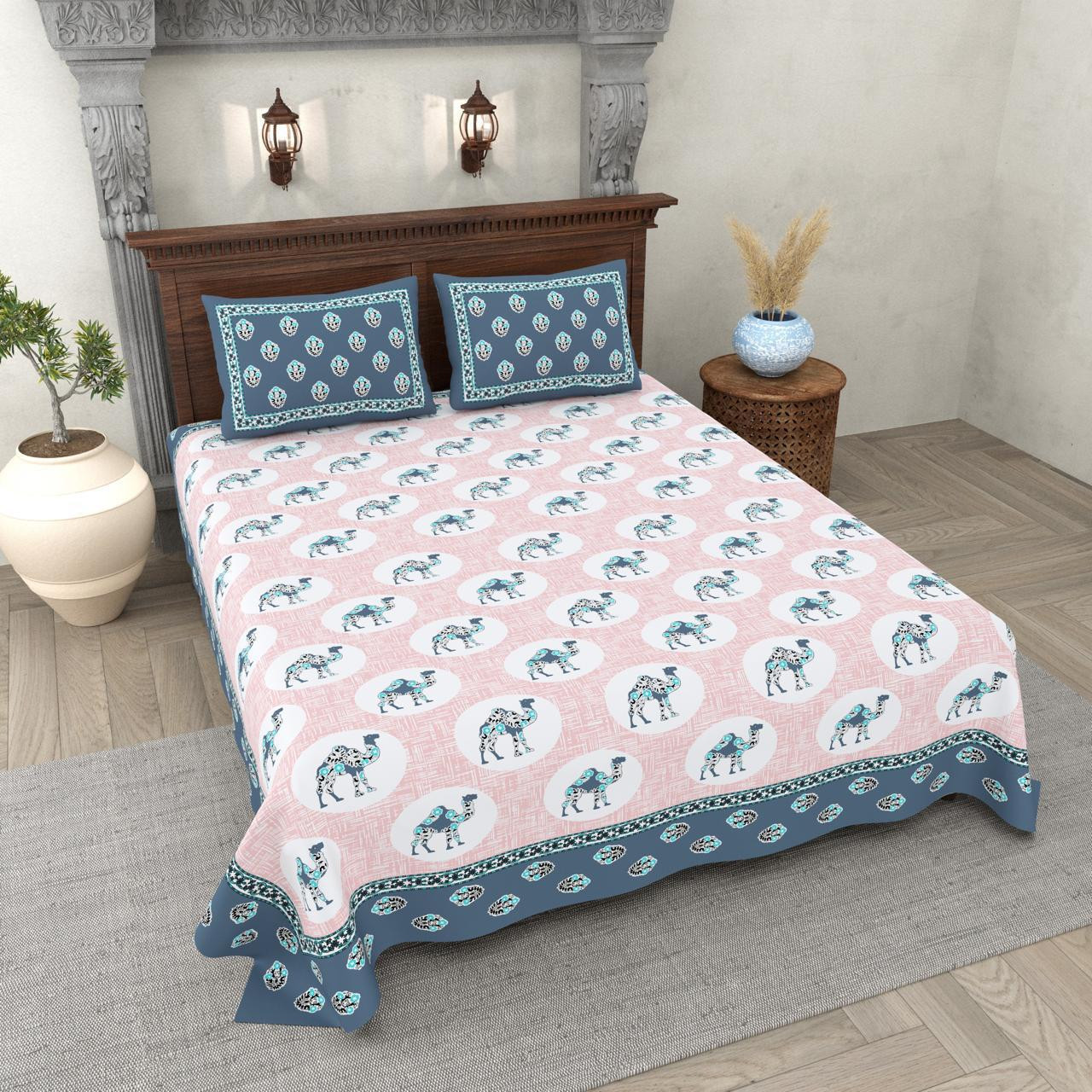 Camel Print Cotton Double Bedsheet Blush Pink with Teal Border