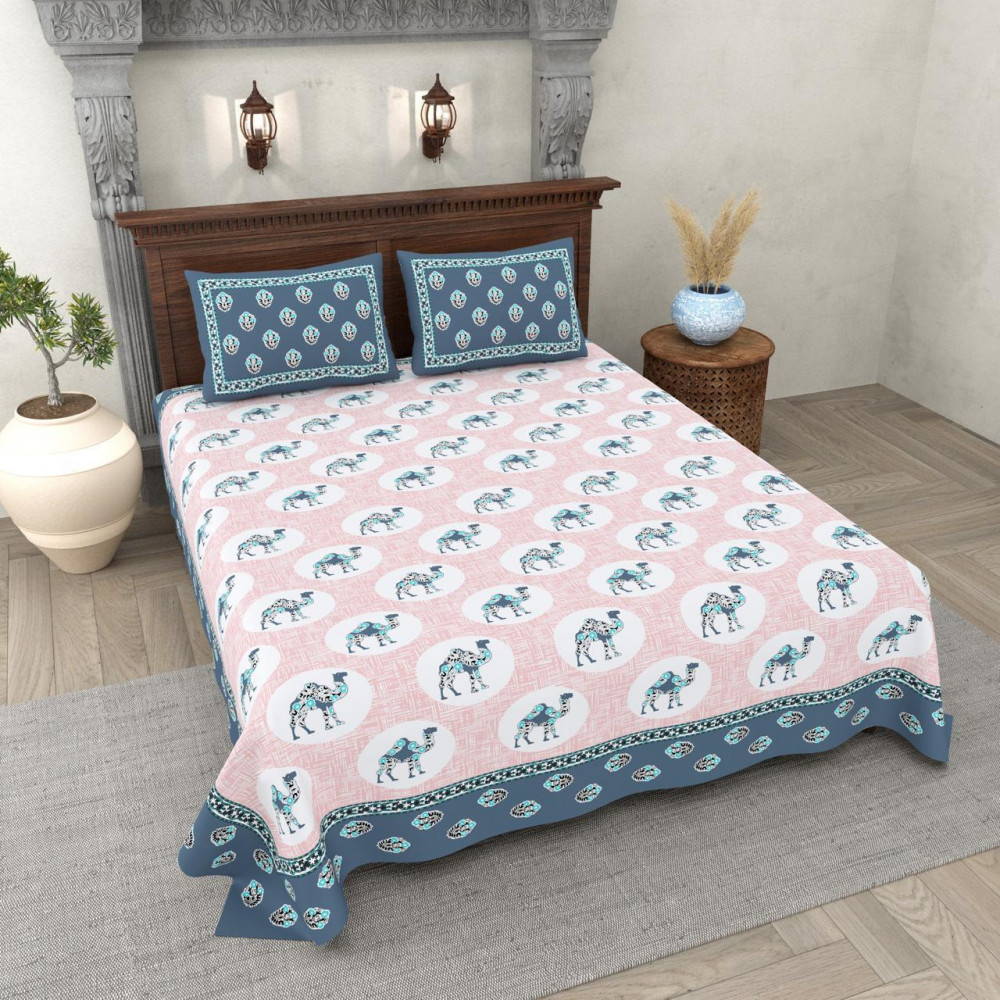 Image of Camel Print Cotton Double Bedsheet Blush Pink with Teal Border